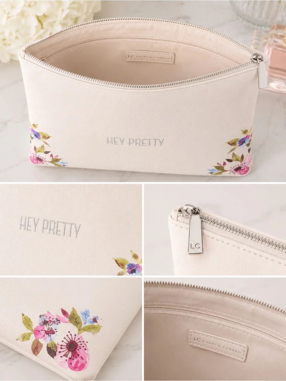 LC Lauren Conrad Hey Pretty Floral Cosmetic Bag Ivory Travel Pouch NWT